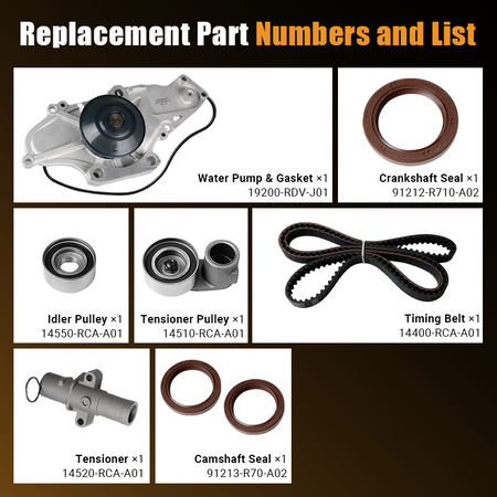 Detailed list of parts including Water Pump (19200-RDV-J01), Crankshaft Seal (91212-R710-A02), Idler Pulley (14550-RCA-A01), Tensioner Pulley (14510-RCA-A01), Timing Belt (14400-RCA-A01), Tensioner (14520-RCA-A01), and Camshaft Seals (91213-R70-A02).