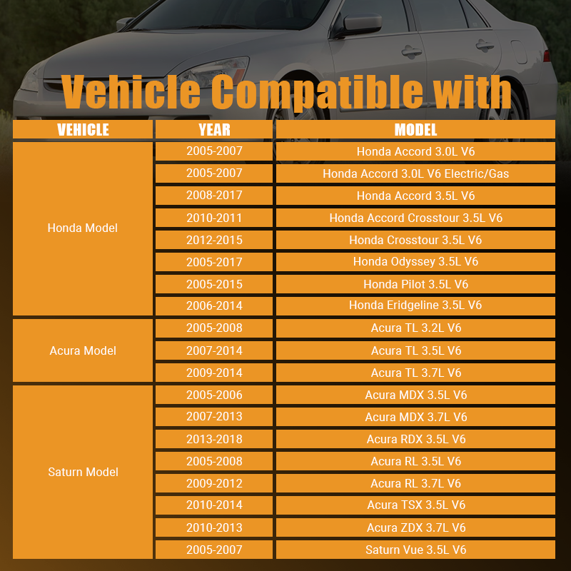Fitment table listing compatible Honda, Acura and Saturn vehicle models and production years for engine repair kit