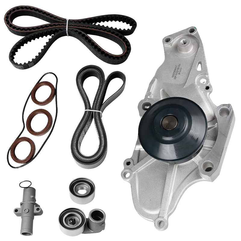 Complete engine timing belt repair kit including water pump, belts, pulleys, tensioners and shaft seals displayed on plain white background