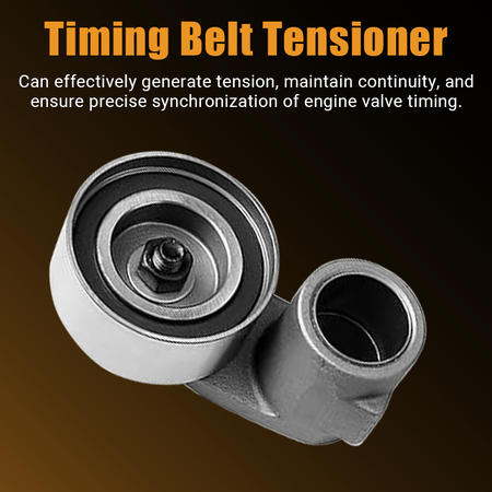 Timing belt tensioner pulley assembly, engine component for maintaining proper belt tension and valve timing