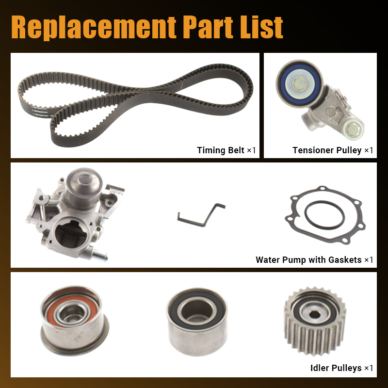 Vypart TKF-006 replacement part list including 1x timing belt, 1x tensioner pulley, 1x water pump with gaskets, and 3x idler pulleys.