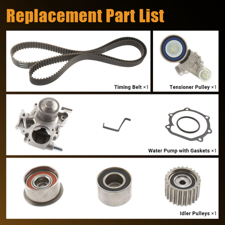 Vypart TKF-006 replacement part list including 1x timing belt, 1x tensioner pulley, 1x water pump with gaskets, and 3x idler pulleys.