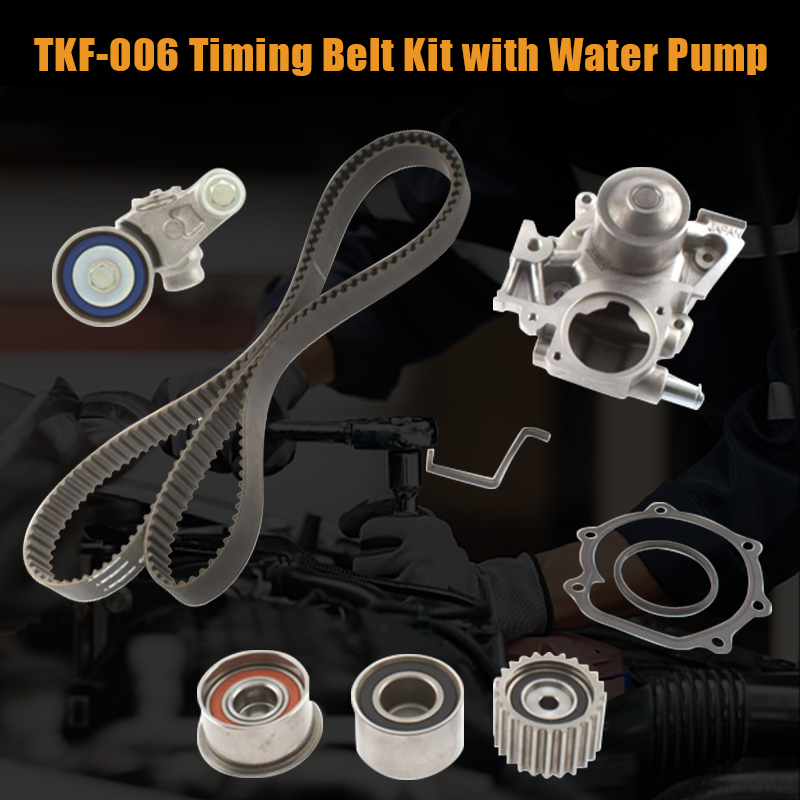 Vypart TKF-006 hero banner with the text "TKF-006 Timing Belt Kit with Water Pump" overlaid on a background of a mechanic working on an engine bay