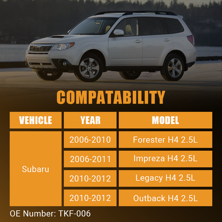 Vypart TKF-006 compatibility chart listing fitment for Subaru Forester, Impreza, Legacy, and Outback H4 2.5L models from 2006 to 2012.
