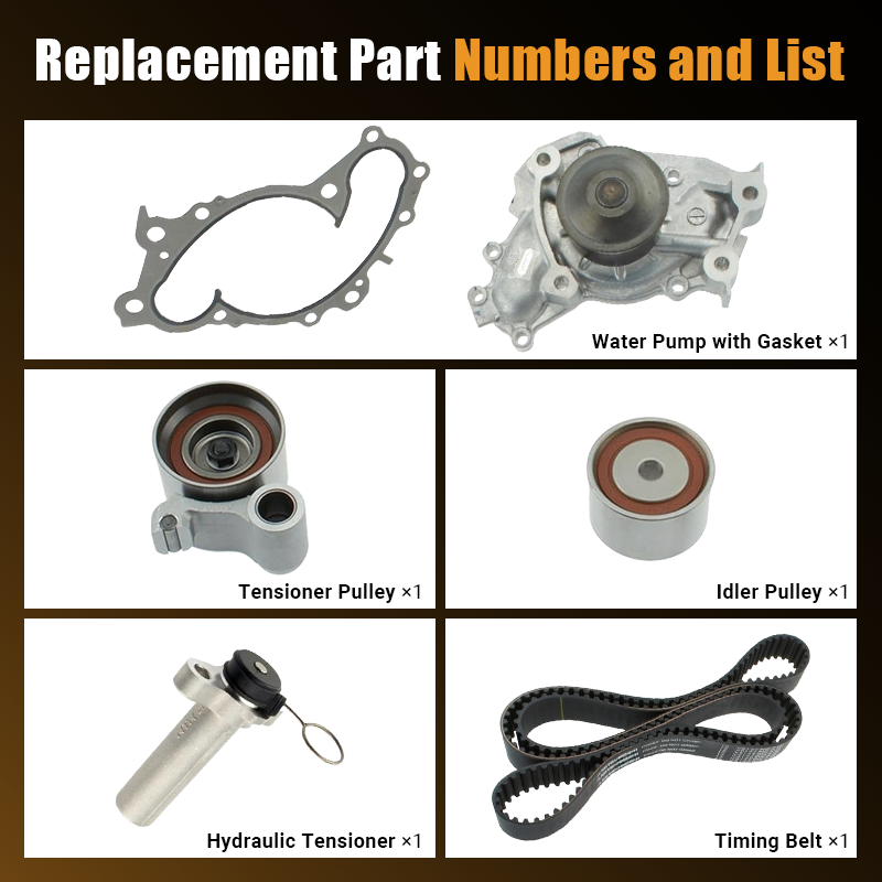  Vypart TKT-024 replacement part list including 1x timing belt, 1x tensioner pulley, 1x idler pulley, 1x water pump with gasket, and 1x hydraulic tensioner
