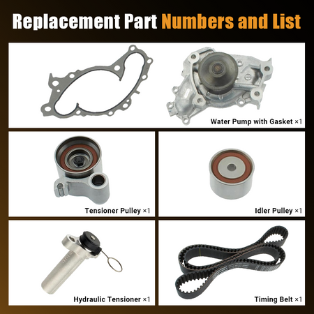  Vypart TKT-024 replacement part list including 1x timing belt, 1x tensioner pulley, 1x idler pulley, 1x water pump with gasket, and 1x hydraulic tensioner
