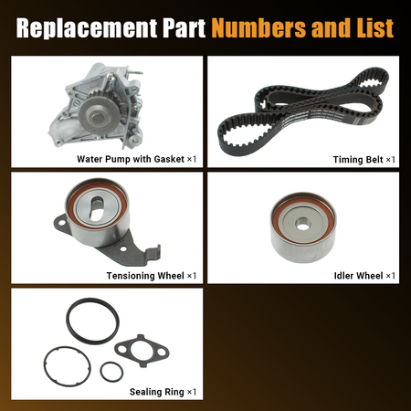 Vypart TKT-002 provides direct OE replacement components including timing belt, water pump with gasket, tensioning wheel, idler wheel, and sealing ring, delivering premium quality to restore optimal engine performance.