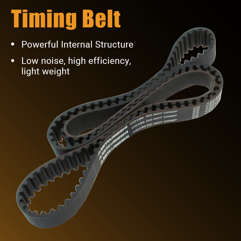 Close-up of the Vypart TKT-002 timing belt on a dark background, highlighting its powerful internal structure, low noise, high efficiency, and lightweight design.