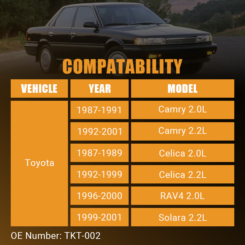 Guaranteed perfect fit for Vypart TKT-002, covering Toyota Camry, Celica, RAV4, and Solara 2.0L/2.2L models between 1987 and 2001, ensuring peace of mind before purchase.