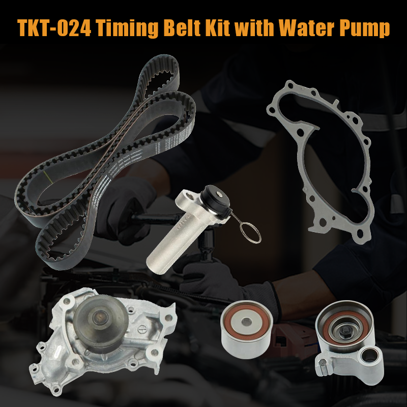 Vypart TKT-024 hero banner with the text "TKT-024 Timing Belt Kit with Water Pump" overlaid on a background of a mechanic working on an engine bay.