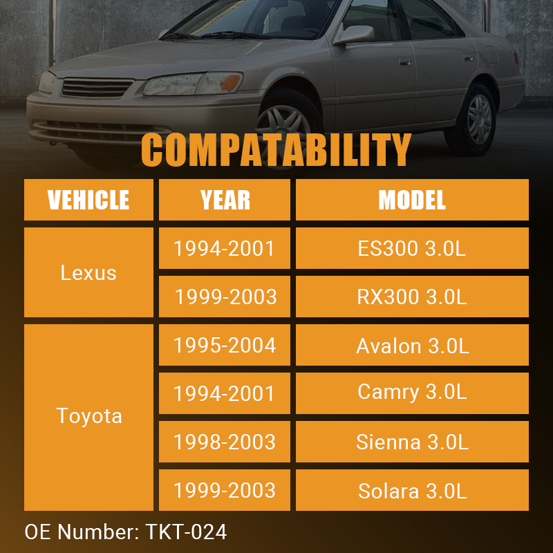 Vypart TKT-024 compatibility chart listing fitment for Lexus ES300, RX300, and Toyota Avalon, Camry, Sienna, and Solara 3.0L models from 1994 to 2004