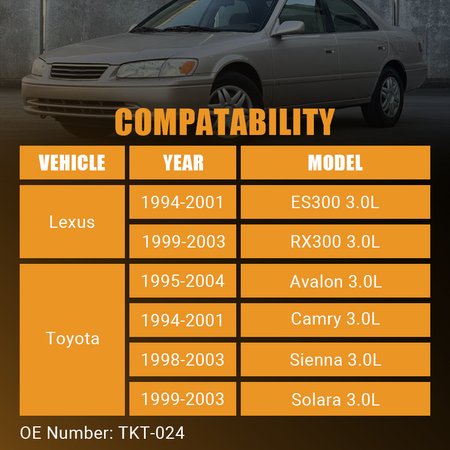 Vypart TKT-024 compatibility chart listing fitment for Lexus ES300, RX300, and Toyota Avalon, Camry, Sienna, and Solara 3.0L models from 1994 to 2004