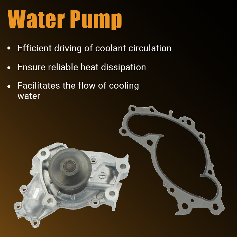 Close-up of the Vypart TKT-024 water pump and metal gasket, emphasizing its efficient driving of coolant circulation, reliable heat dissipation, and facilitation of cooling water flow.