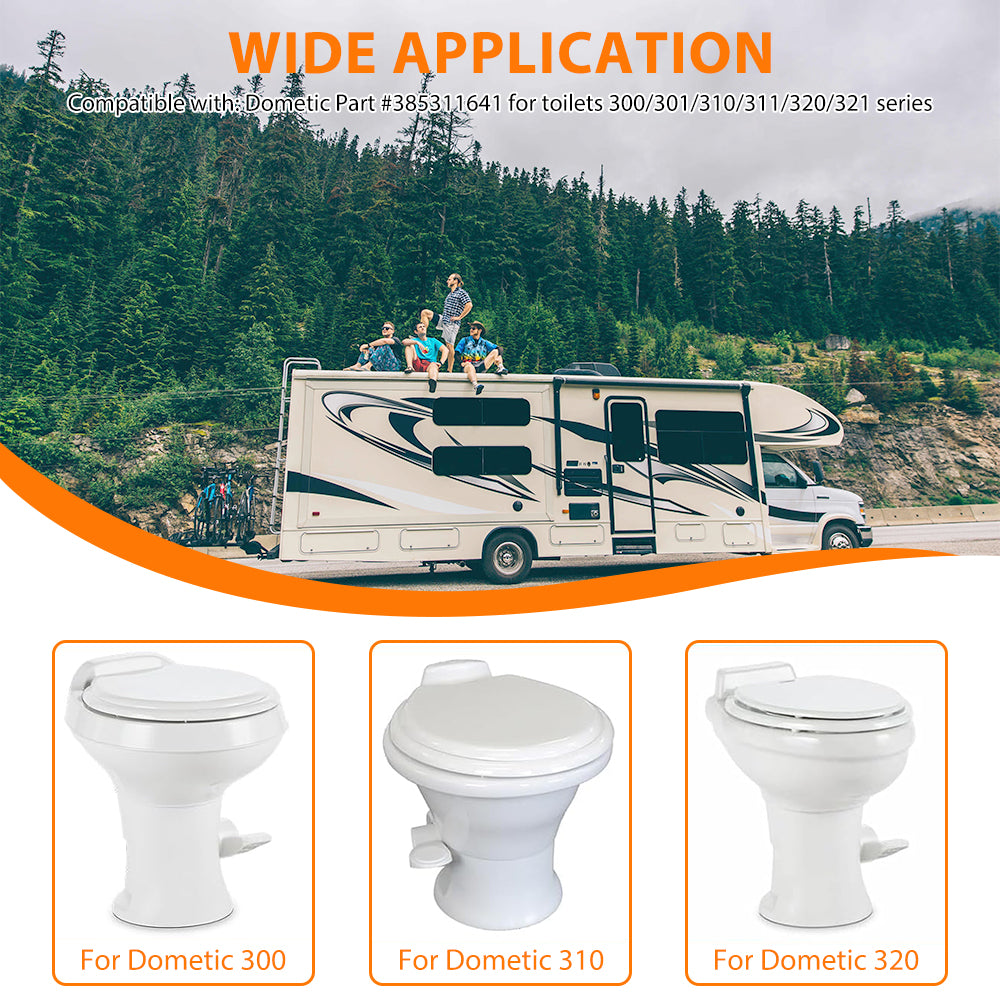 Infographic showing how Vypart kit solves continuous water flow, valve leaks, and bad odors in RV toilets