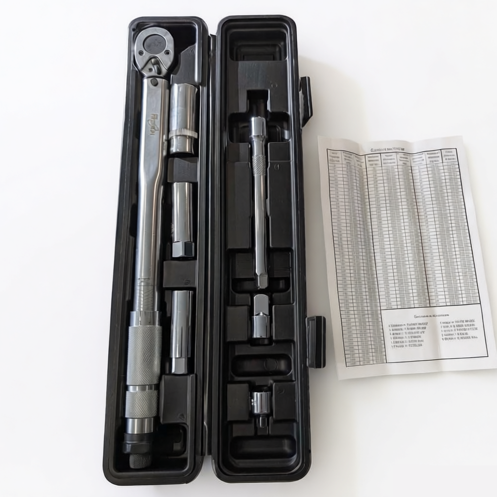 Action shot demonstrating the Vypart torque wrench being used to accurately tighten a bolt on an automotive engine, highlighting practical application