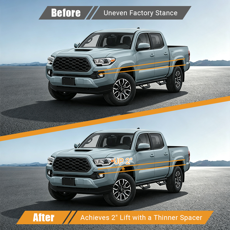 Vehicle body posture before and after front suspension leveling upgrade, eliminating factory uneven front and rear height rake