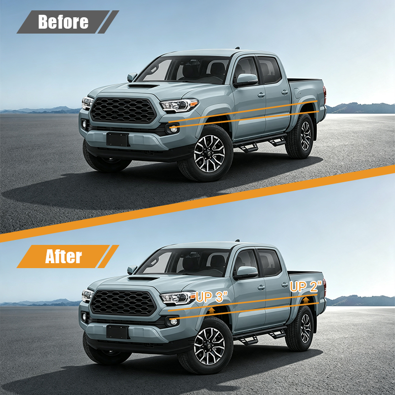 The kit raises the front of your truck by 3 inches and the rear of your car by 2 inches.
