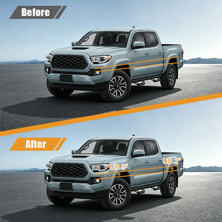 The kit raises the front of your truck by 3 inches and the rear of your car by 2 inches.