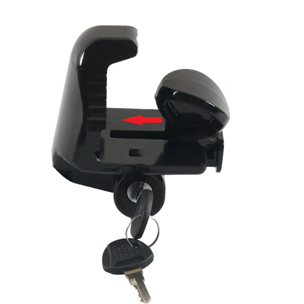 Vypart black coupler lock securely installed and locked on a standard trailer coupler