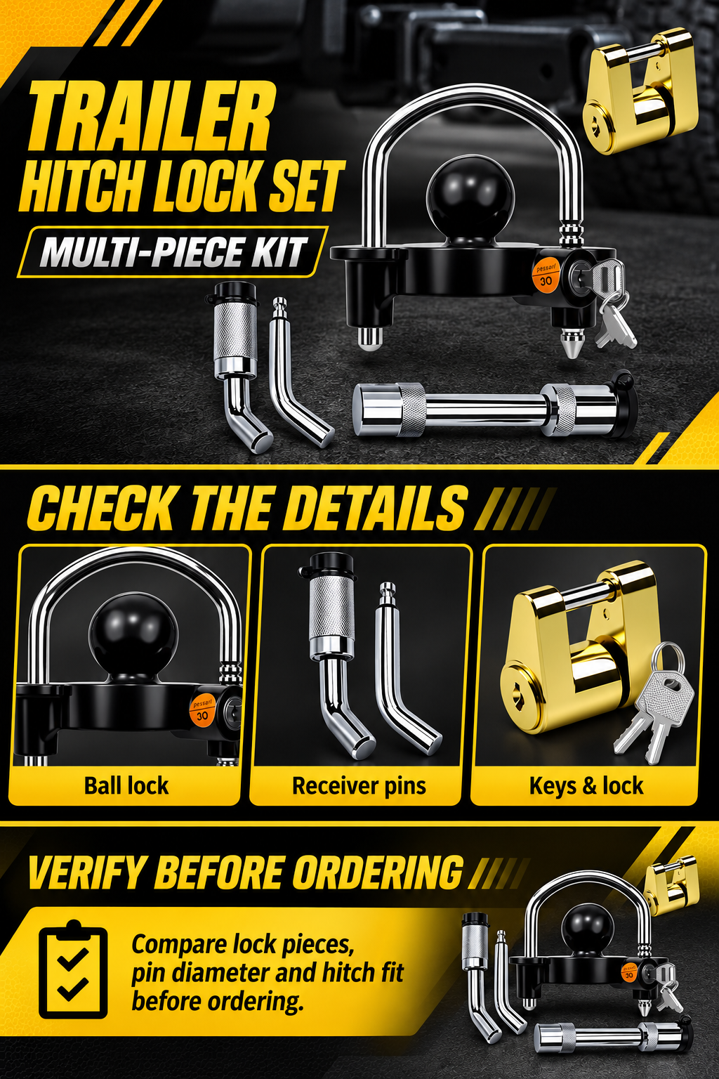 Vypart trailer hitch security lock set A+ guide showing ball lock, receiver pins, keys and fitment checks
