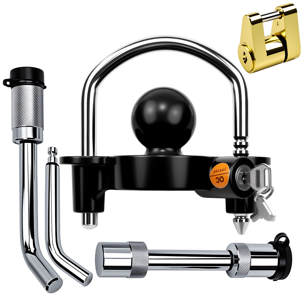 Complete Vypart trailer hitch security lock set featuring black U-shaped ball lock, 1/2" and 5/8" receiver pin locks with keys