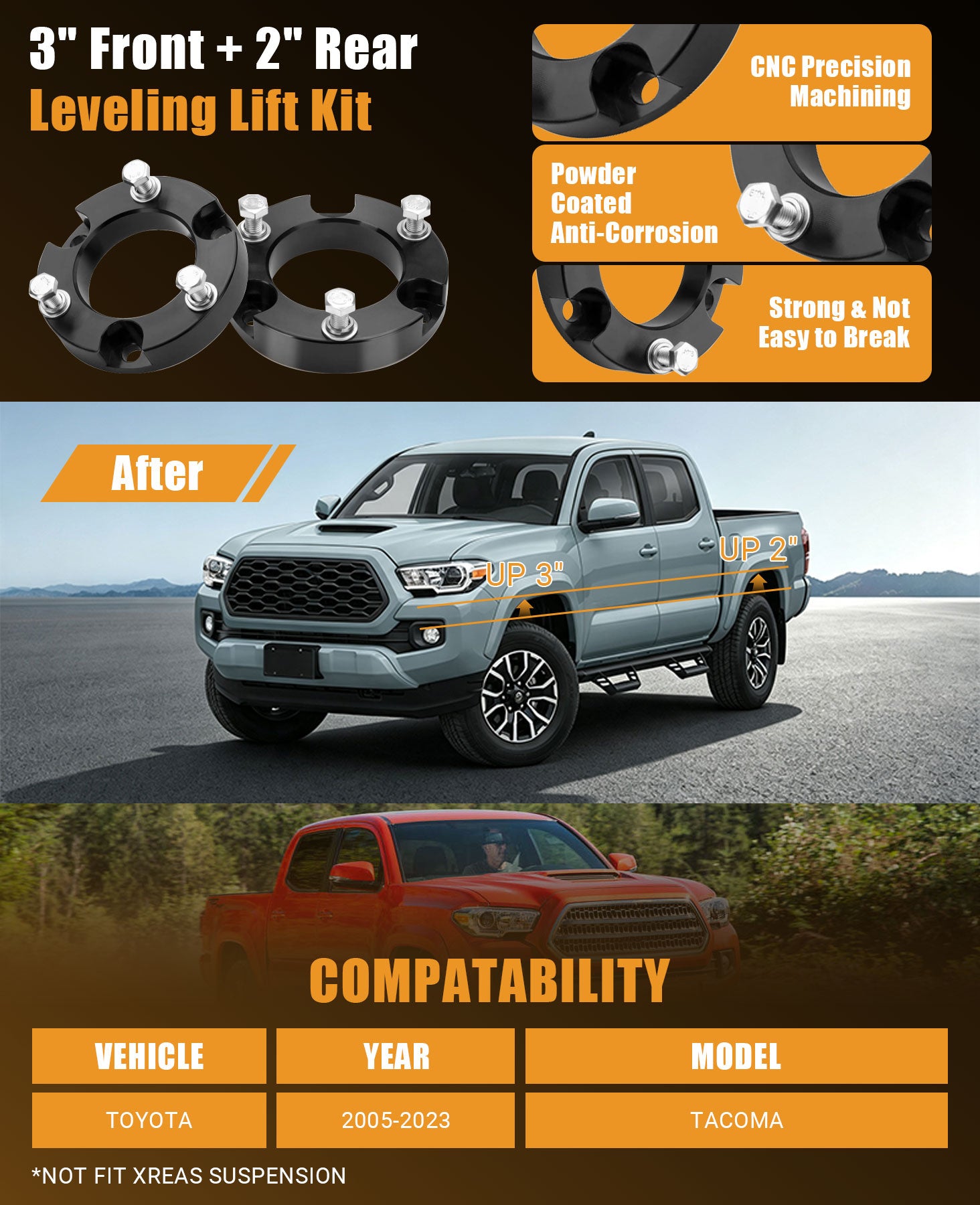 This kit provides increased ground clearance to help your vehicle overcome off-road obstacles and allows the use of larger rims and tires. Installing it also gives your truck a more aggressive appearance.
