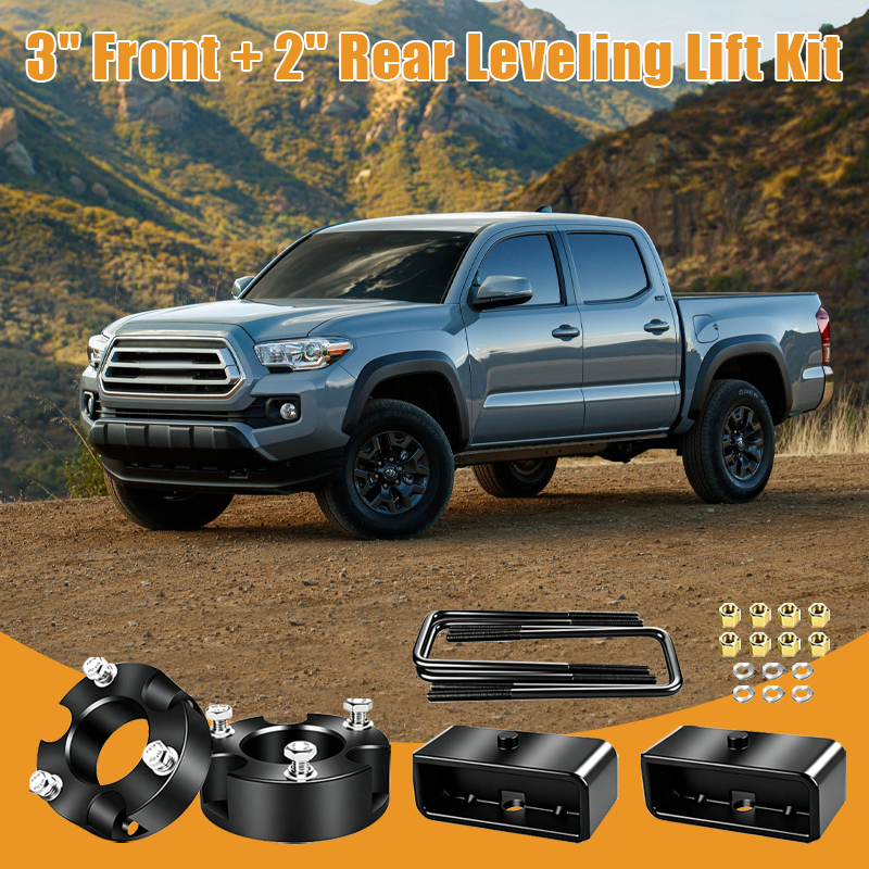 Modified off-road vehicle with upgraded front and rear lift kit and oversized tires, driving on rough terrain with improved ground clearance