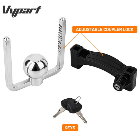 Vypart black U-shaped ball lock securely installed and locked on a standard trailer hitch ball