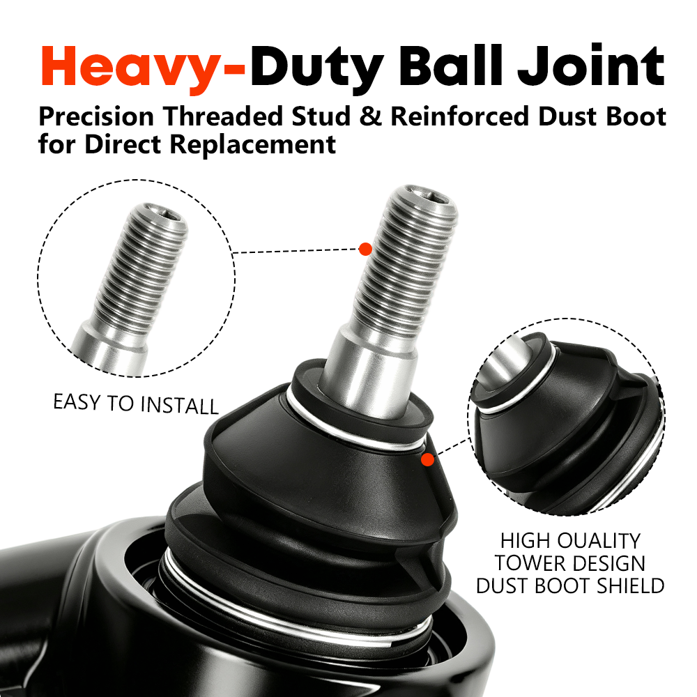 Upper control arm ball joint close-up showing the threaded stud and rubber dust boot