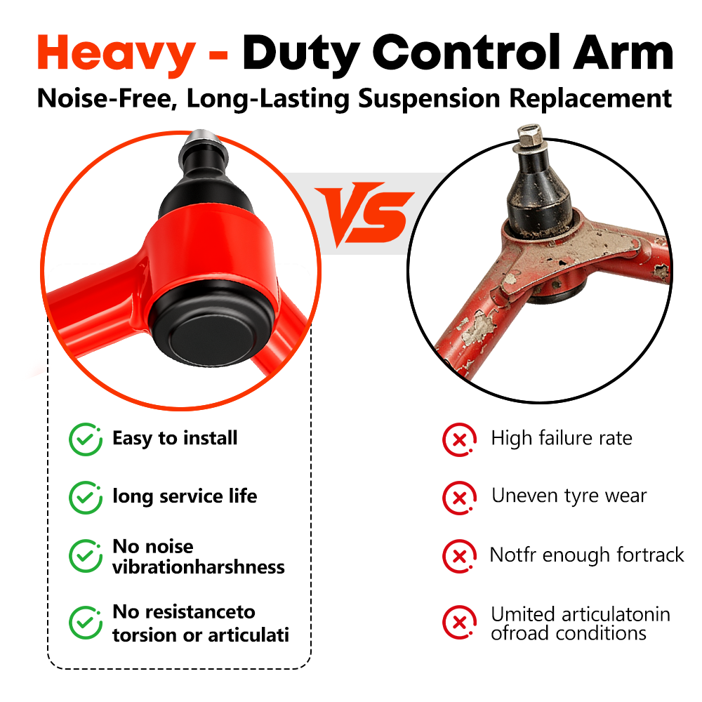 Side-by-side comparison of a new red Vypart upper control arm ball joint area and a worn control arm