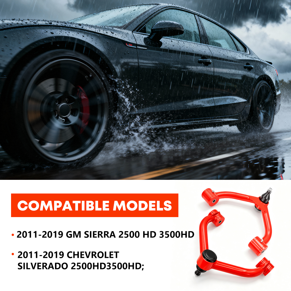 Fitment graphic listing 2011–2019 Chevrolet Silverado and GMC Sierra 2500HD and 3500HD beside red upper control arms
