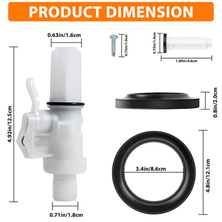 Step-by-step installation guide showing the Vypart water valve kit being installed into a Thetford Aqua Magic IV RV toilet base