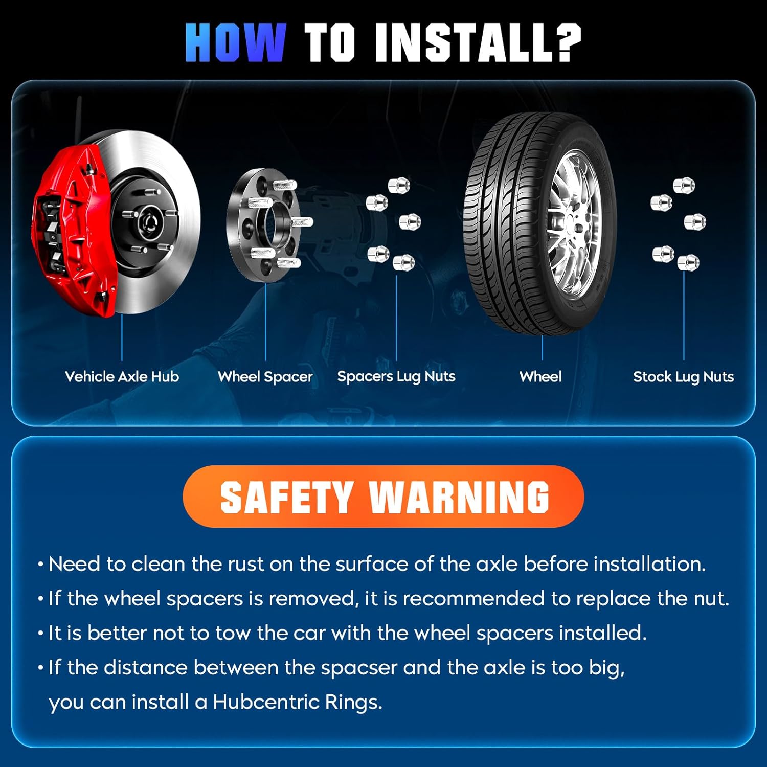 Step-by-step installation sequence showing the Vypart adapter being mounted on a Subaru Forester hub (common 5x114.3 to 6x5.5 conversion)
