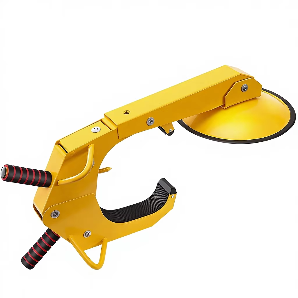 Vypart anti-theft tire boot lock securely installed on an RV trailer tire, demonstrating immobilization effect