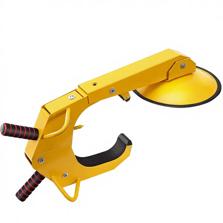 Vypart anti-theft tire boot lock securely installed on an RV trailer tire, demonstrating immobilization effect