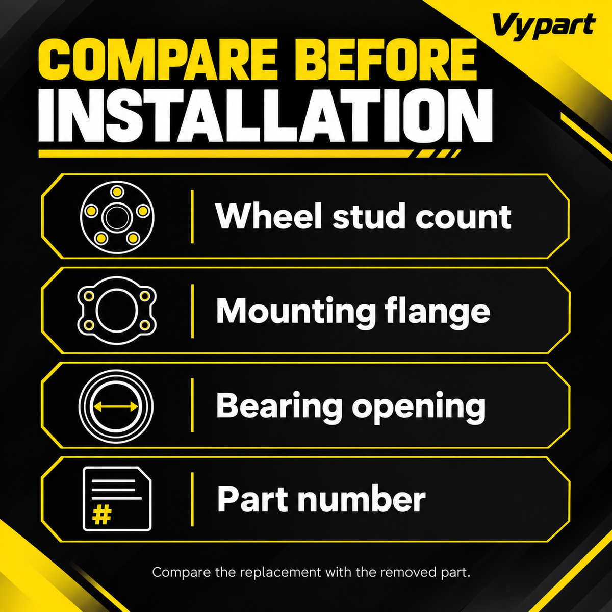 Vypart wheel hub bearing assembly checklist to compare stud count, flange, bearing opening and part number