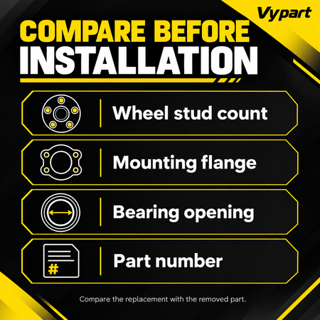 Vypart wheel hub bearing assembly checklist to compare stud count, flange, bearing opening and part number