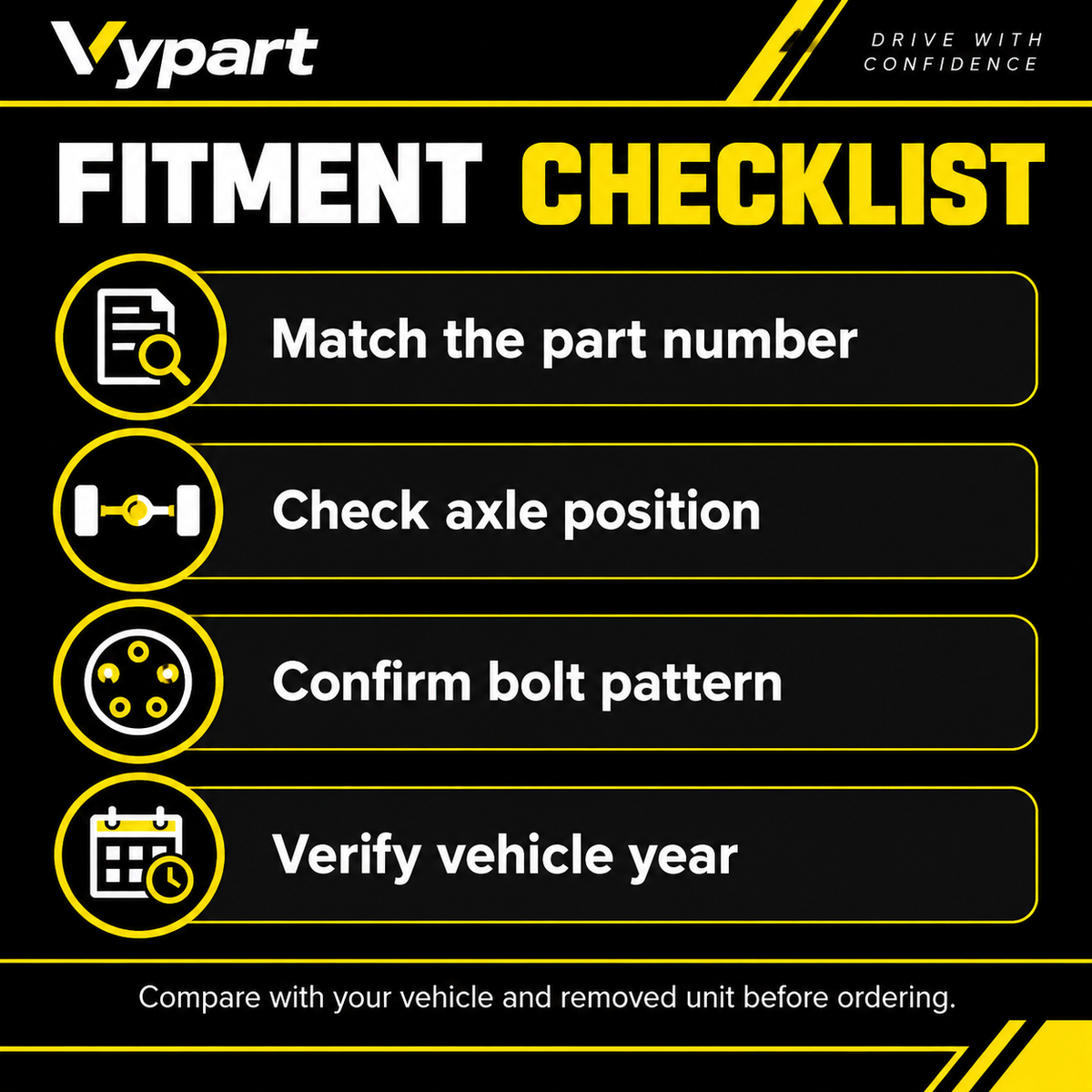 Vypart wheel hub fitment checklist: part number, axle position, bolt pattern and vehicle year