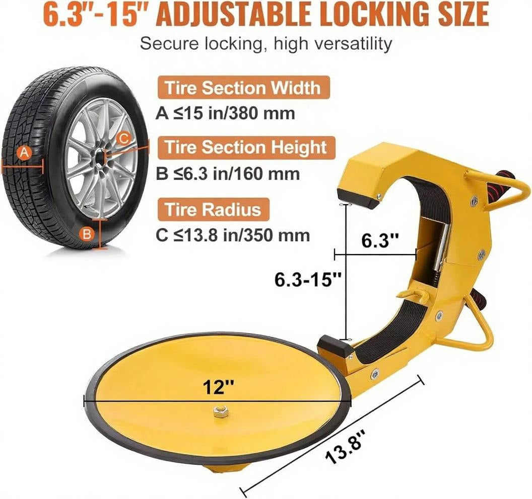 Infographic showing Vypart heavy-duty wheel lock compatibility with cars, trucks, SUVs, and trailers