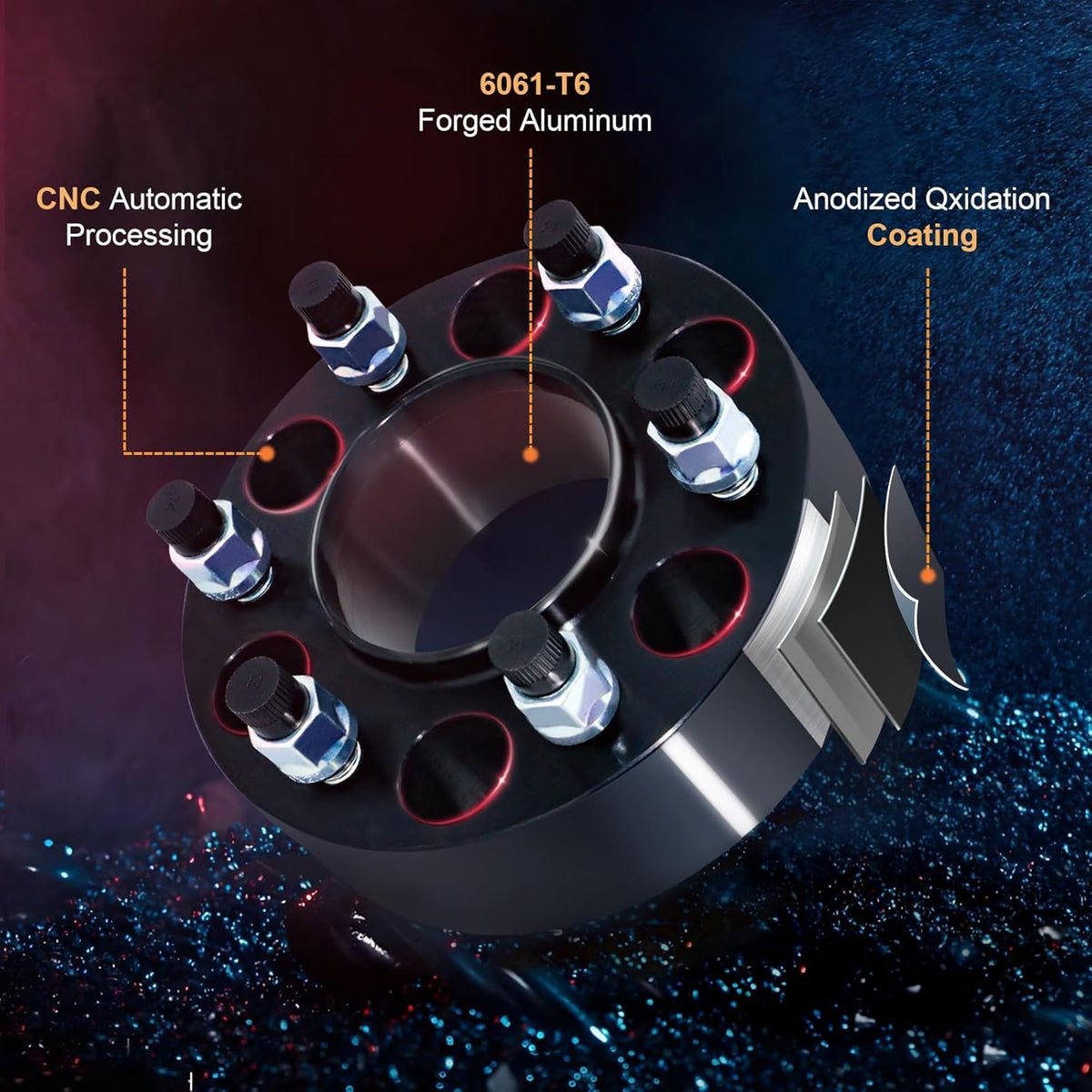 Graphic chart listing vehicle makes and models (e.g., trucks, SUVs) compatible with the 6x5.5 bolt pattern wheel spacers