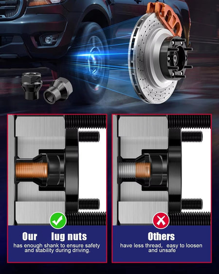 installation guide image series: 1. Clean hub, 2. Mount spacer, 3. Hand-tighten lug nuts, 4. Torque to spec with wrench