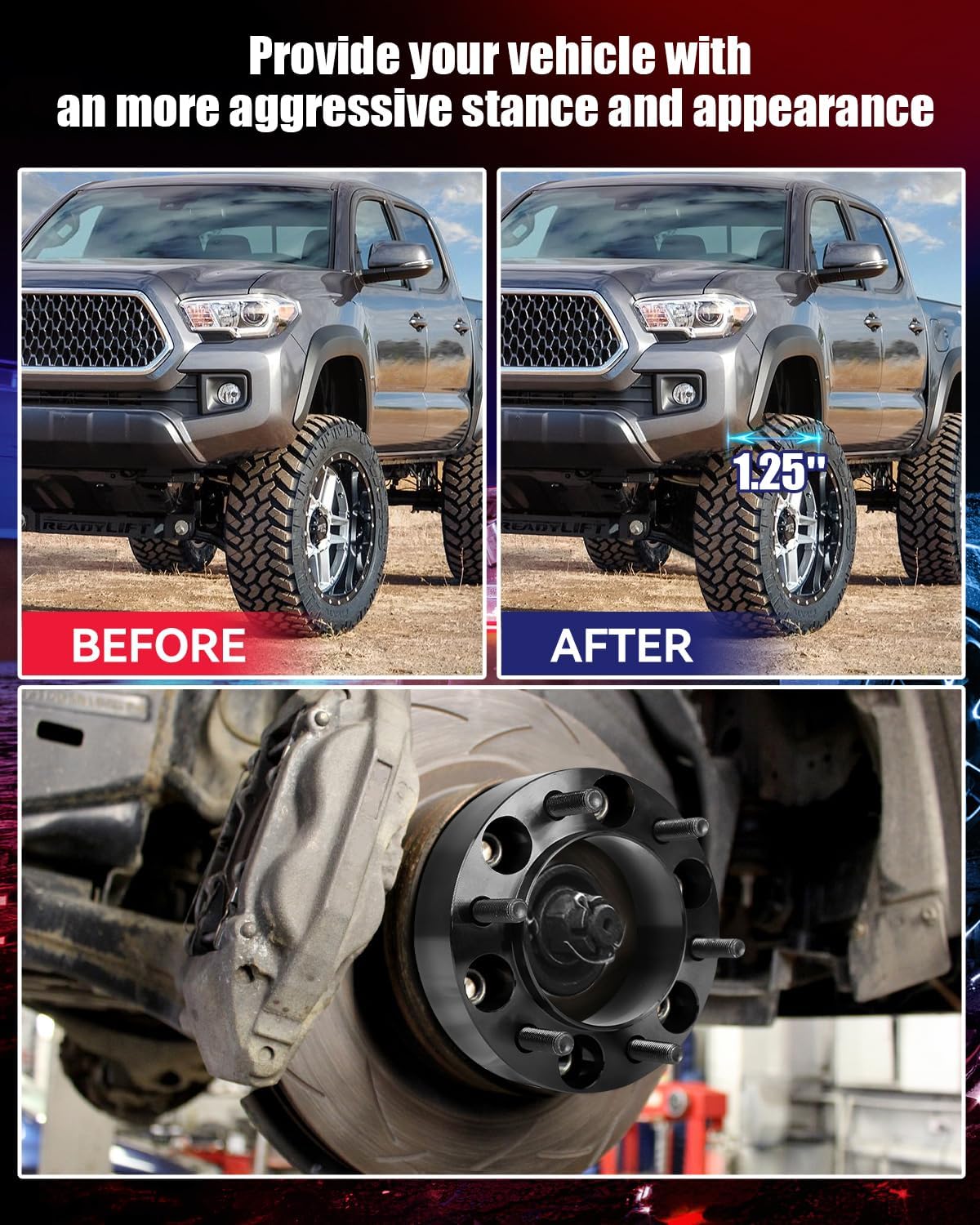 All included hardware for the Vypart wheel spacer kit: 4 spacers, high-strength M12x1.5 studs, and matching lug nuts laid out