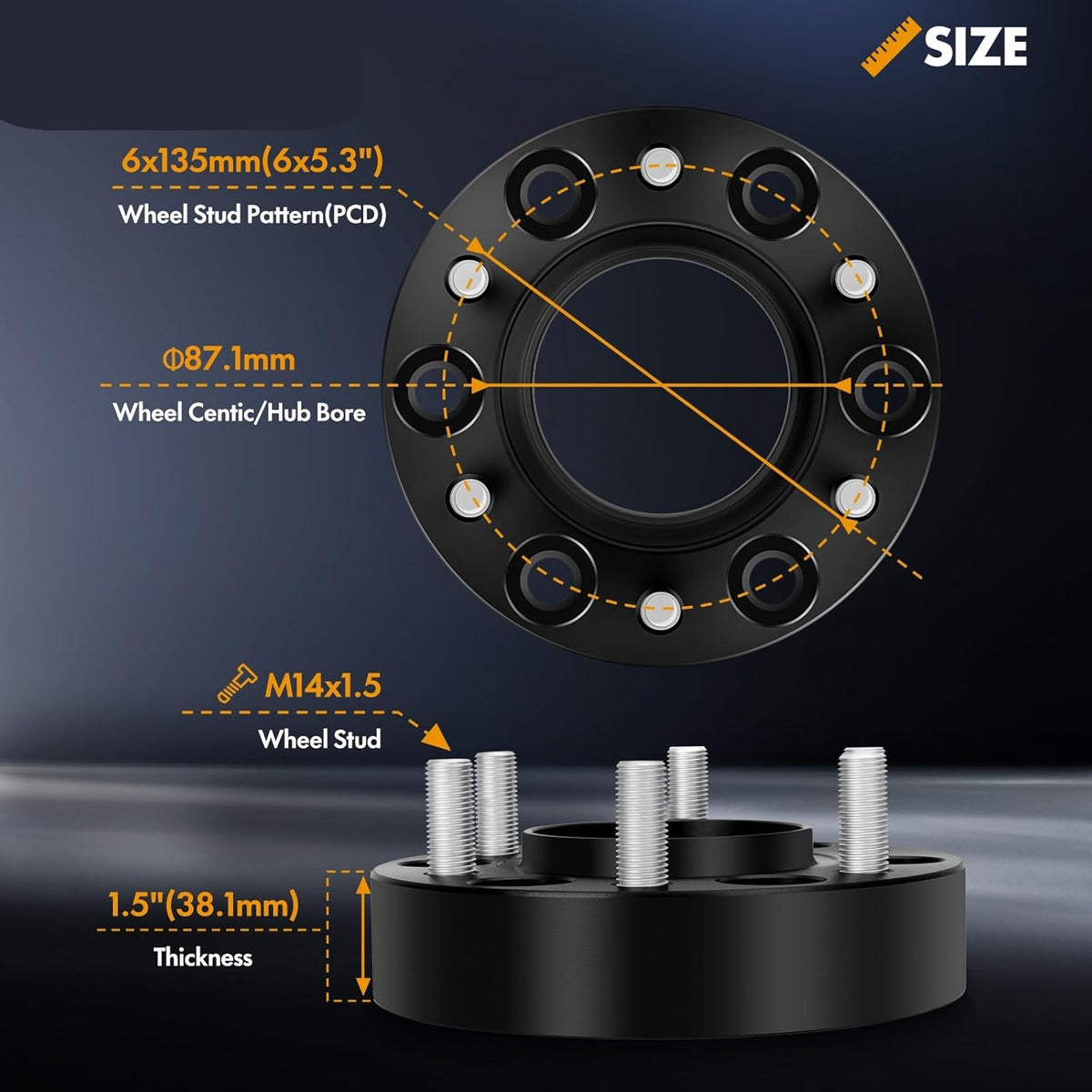 detail of a Vypart wheel spacer, clearly showing the 6x135 bolt pattern, hub-centric ring, and M14x2.0 threaded holes