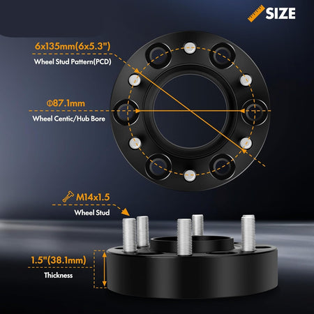 detail of a Vypart wheel spacer, clearly showing the 6x135 bolt pattern, hub-centric ring, and M14x2.0 threaded holes