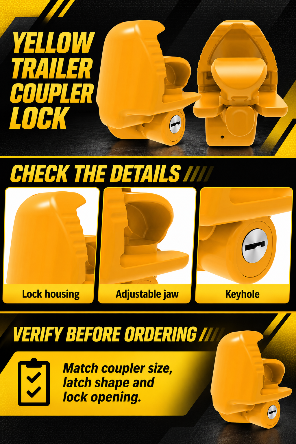 Vypart yellow adjustable trailer coupler lock A+ guide showing housing, jaw, keyhole and size checks