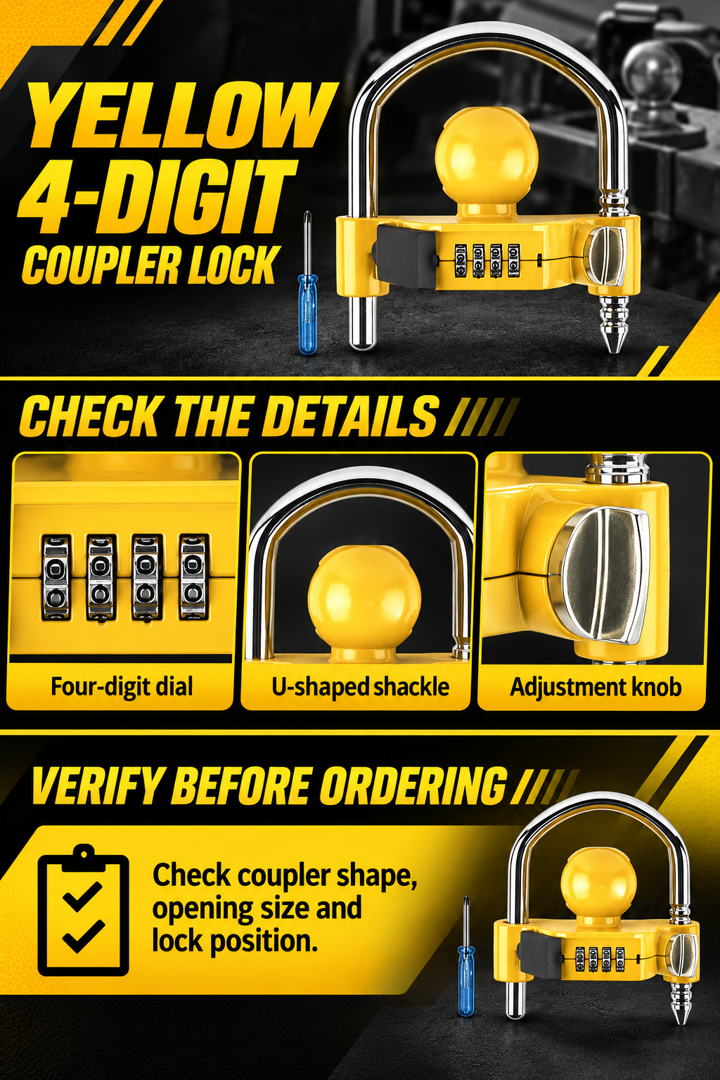 Vypart yellow four-digit trailer coupler lock A+ guide showing number dial, U-shaped shackle and adjustment knob
