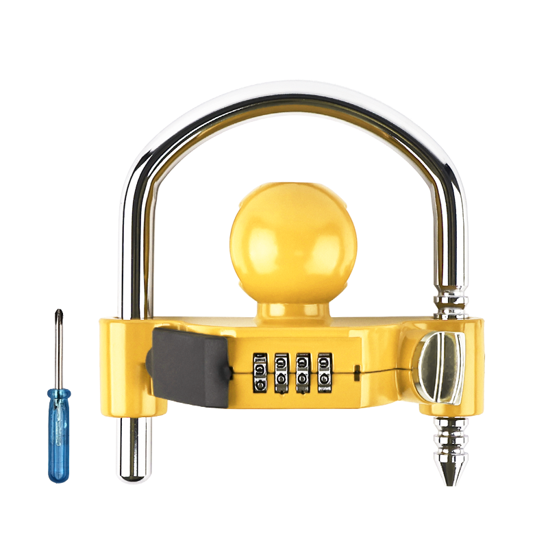 Vypart Yellow Universal Trailer Hitch Lock with Combination Lock, showing all components including 2 keys