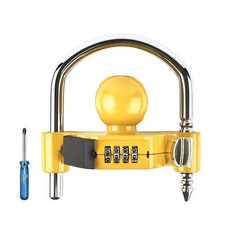 Vypart Yellow Universal Trailer Hitch Lock with Combination Lock, showing all components including 2 keys
