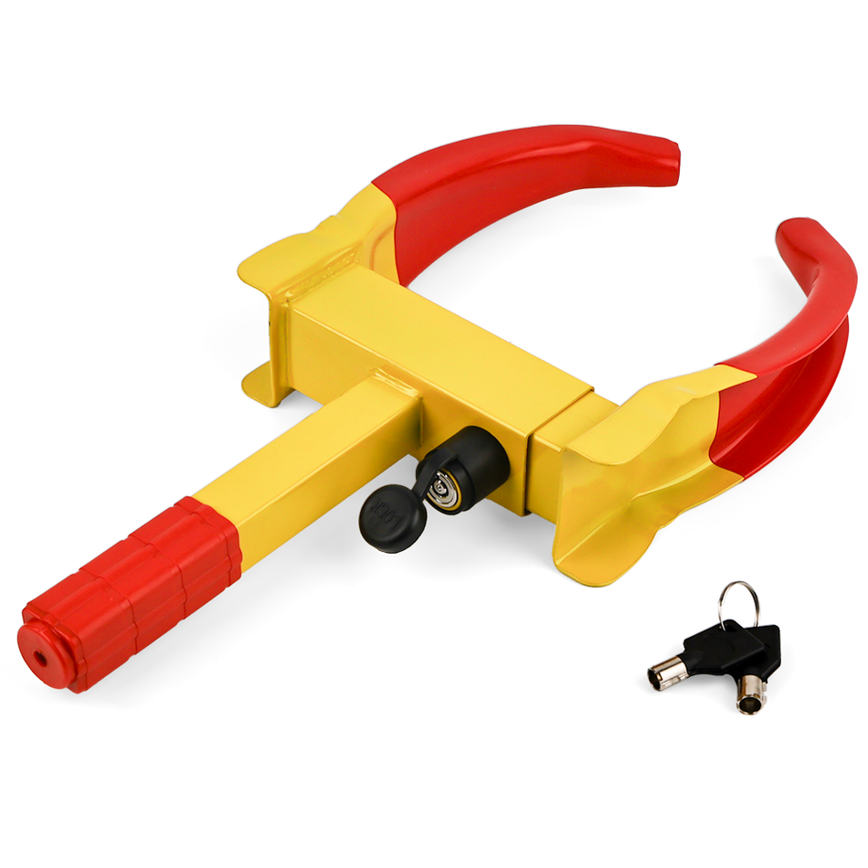 Vypart Yellow-Red Universal Wheel Clamp Lock, heavy-duty steel construction with 2 keys on black background