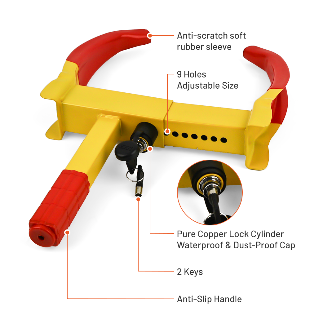 Vypart anti-theft wheel clamp securely installed on a SUV tire, showing high-visibility yellow-red design